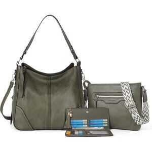 Women’s Dark Green 3PCS PU Leather Purses Set Crossbody Wallet & Hobo Tote Bag